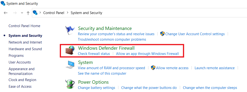 Click on Windows Defender Firewall