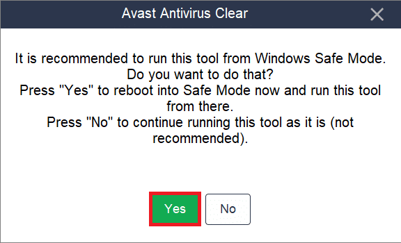 Click on Yes to boot into Safe Mode | Completely Uninstall Avast Antivirus in Windows 10