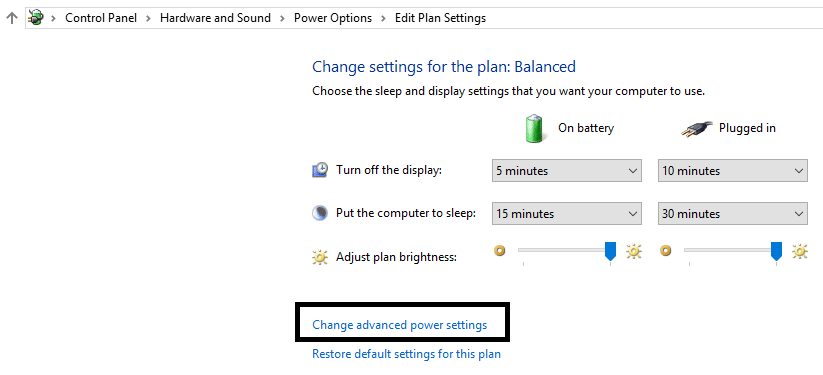 Click on change advanced power settings