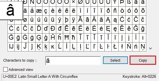 Click on copy to save the accented character to the clipboard | How to Type Characters with Accents on Windows