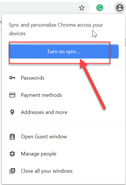 Click on current user icon and then choose Turn on Sync