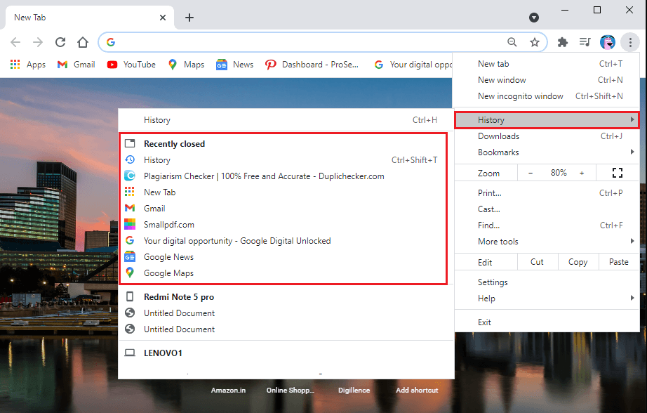 Click on history, and you will be able to see all the recently closed tabs