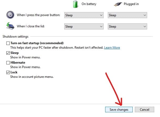 Click on save changes to Disable Fast Startup in Windows 10