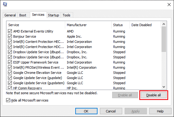 คลิกที่ปุ่ม 'ปิดการใช้งานทั้งหมด' เพื่อหยุดบริการของบุคคลที่สามทั้งหมด | Fix Dragon Age Inquisition จะไม่เปิดตัวใน Windows 10