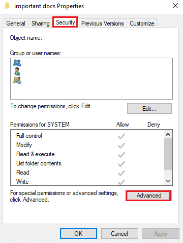 Click on the Advanced icon from the bottom of the window | Fix Failed to Enumerate Objects in the Container error