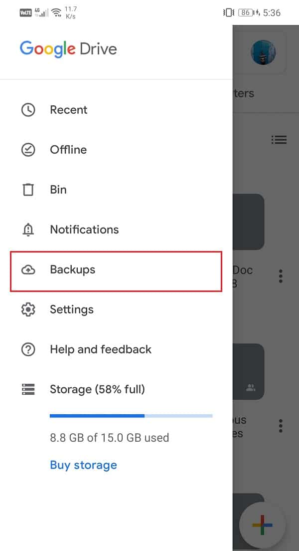 Click on the Backups option