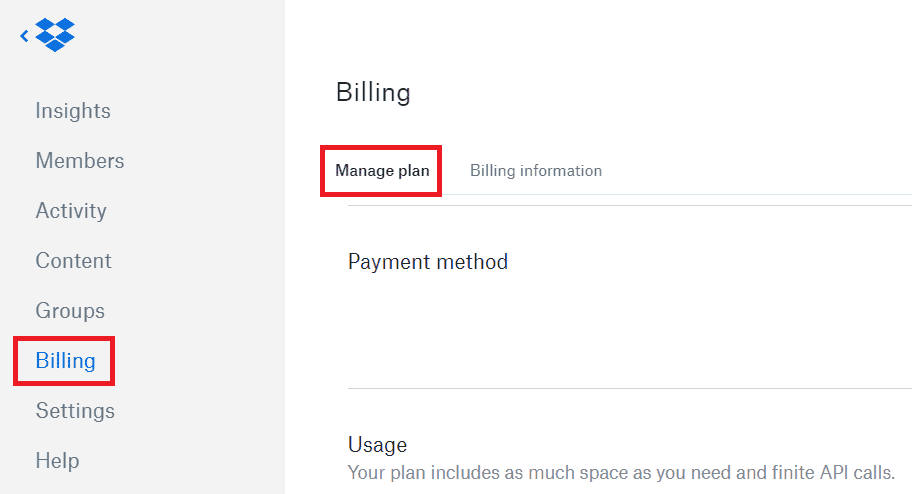 Click on the Billing - Manage Plan tab | How Do I Remove Myself from a Dropbox Group