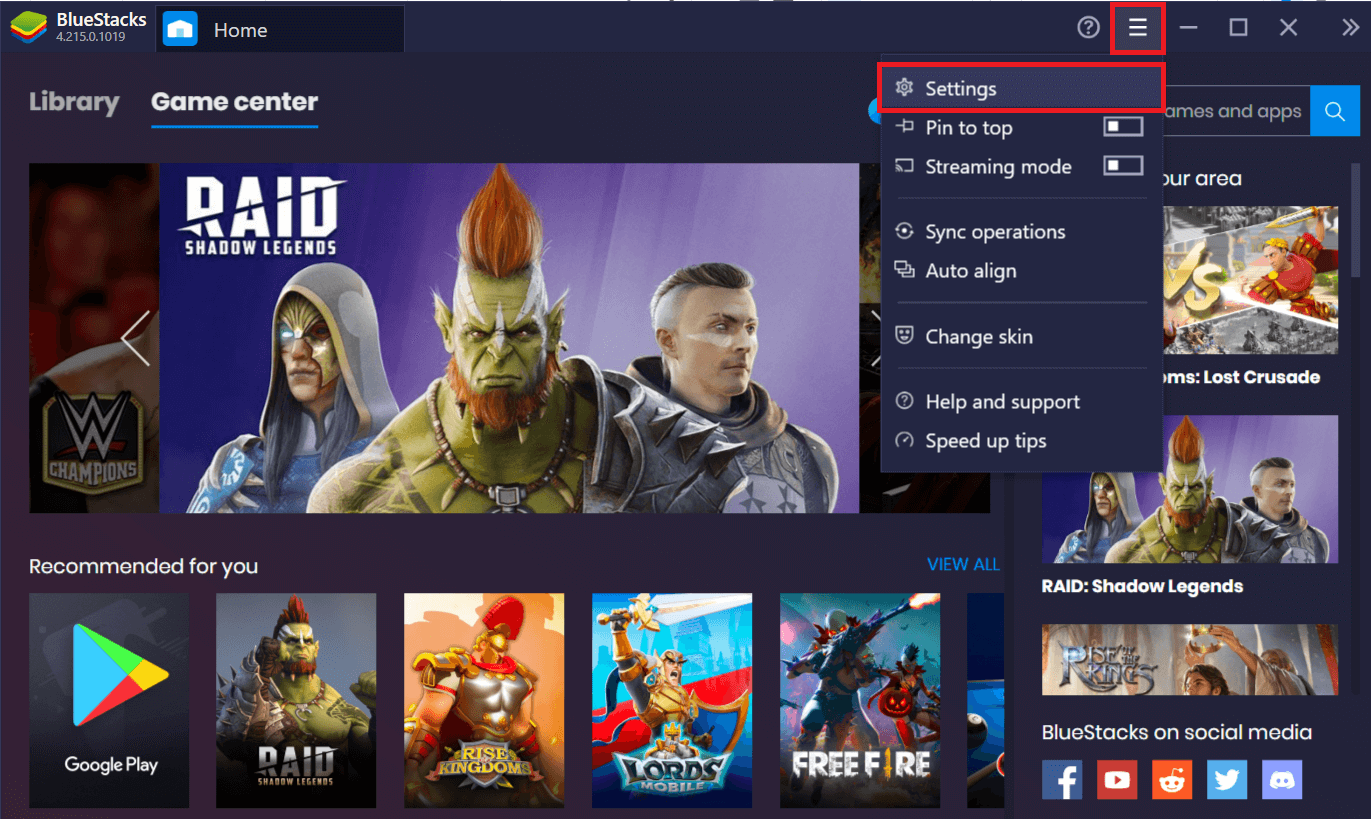 Click on the Bluestacks Menu button (three horizontal dashes) and click on Settings
