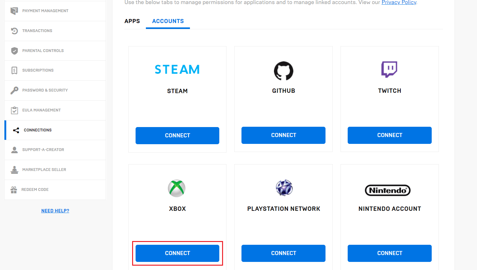 Click on the CONNECT option for the desired account