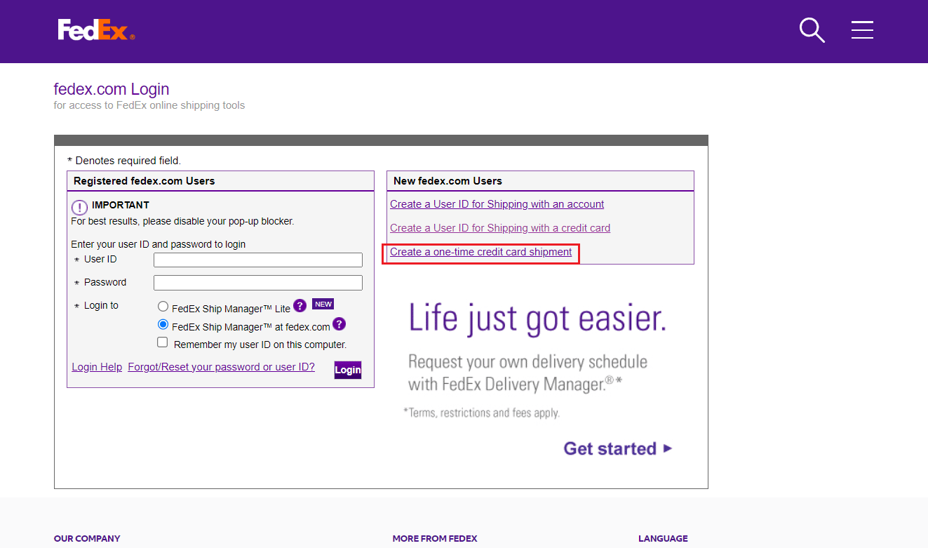 Click on the Create a one-time credit card shipment option