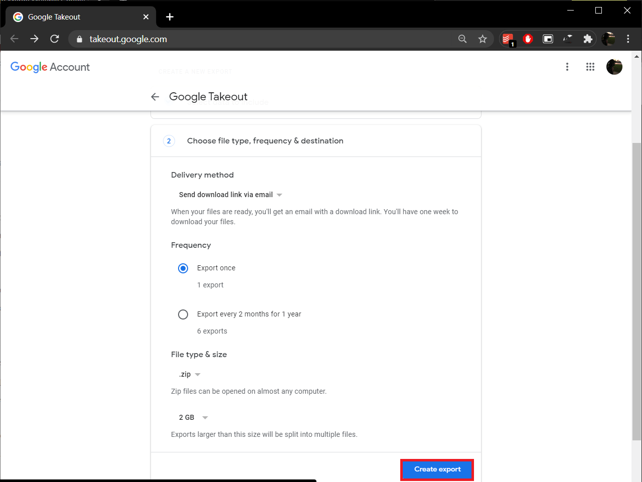 Click on the Create export button to start the exporting process | Merge Multiple Google Drive & Google Photos Accounts
