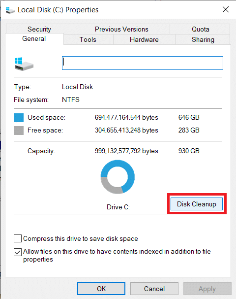 Click on the Disk Cleanup button | Fix Windows 10 Updates Won't Install Error
