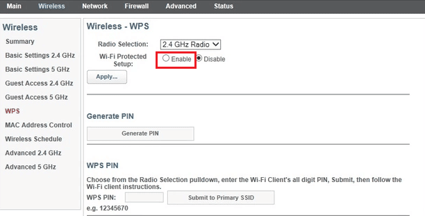 Click on the Enable option the WPS option | How to Connect to Frontier Wireless Router or Modem