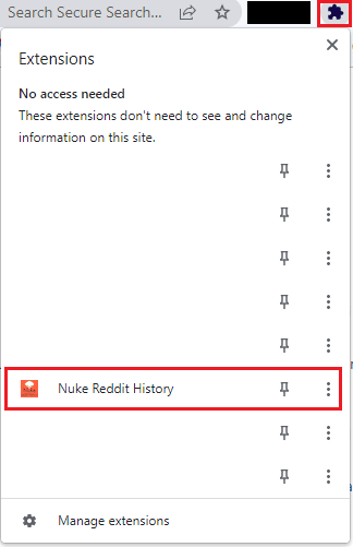 Cliquez sur l'icône Extensions dans la barre d'outils et cliquez sur l'extension Nuke Reddit History