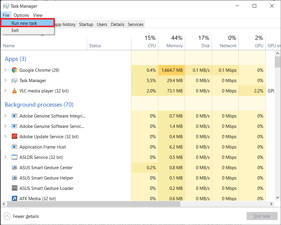 Click on the File option at the top right corner of the Task Manager Window and select Run new task