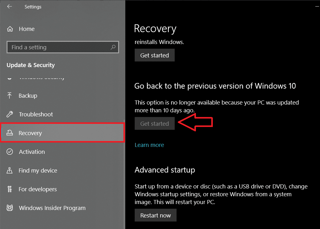 Нажмите кнопку «Начать» под надписью «Вернуться к предыдущей версии Windows 10».