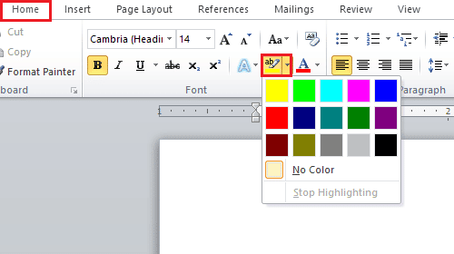 Click on the Home tab - Text Highlight Color icon