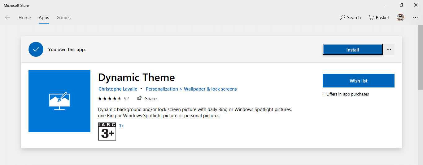 Click on the Install button to install the Dynamic theme app