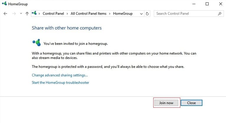 Click on the Join now button on HomeGroup window