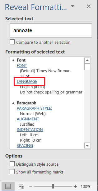 Click on the Language option under Formatting of the selected text window.