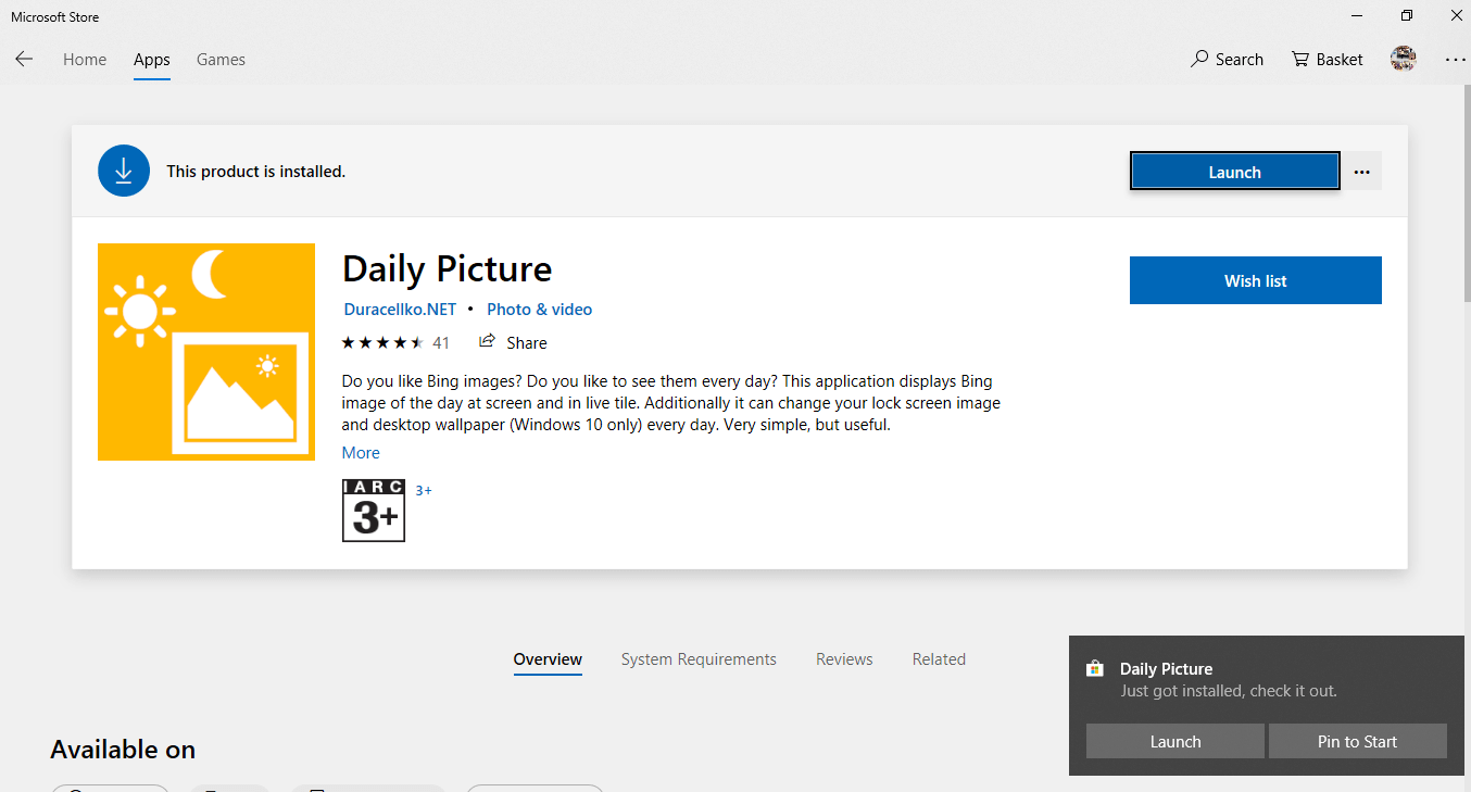 Click on the Launch button next to Daily Pictures apps