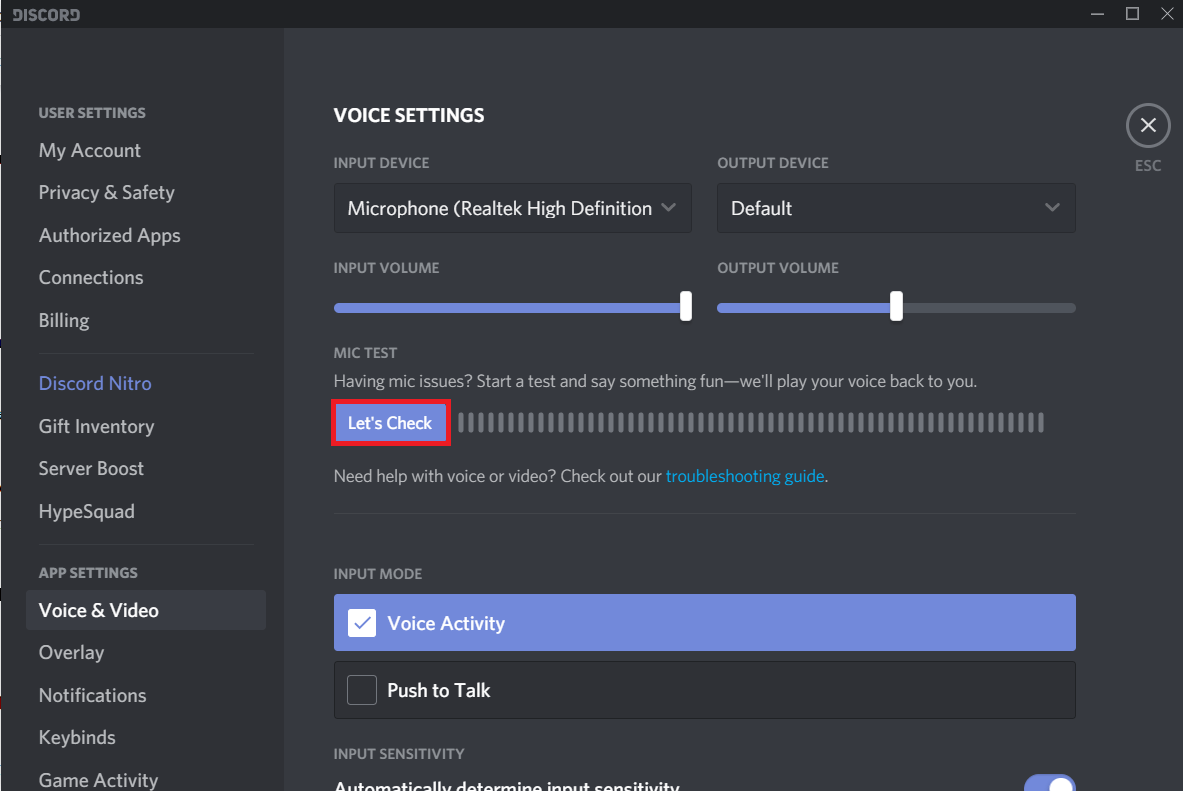 Click on the Let’s Check button and say something into the microphone | Fix Can’t Hear People on Discord