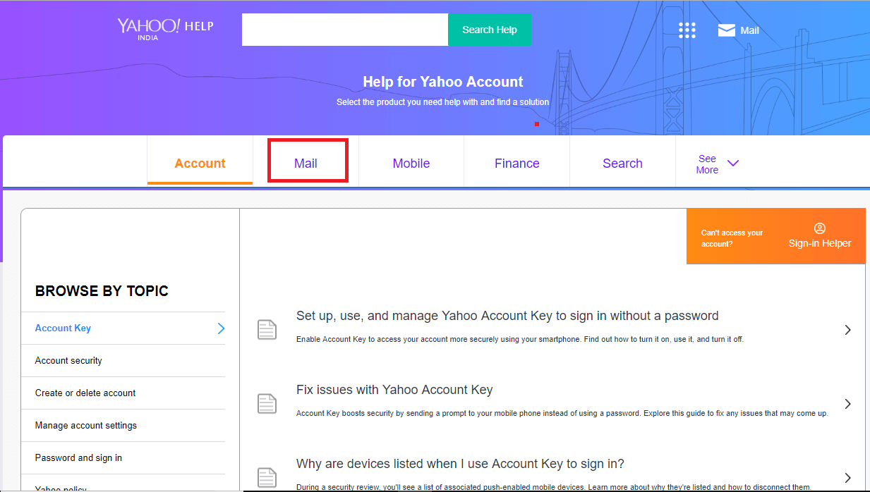 Click on the Mail option under Yahoo help page