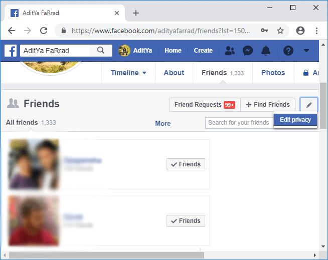 Натисніть піктограму «Керувати» у верхньому правому куті домашньої сторінки | Приховайте свій список друзів у Facebook від усіх