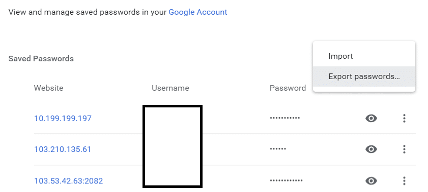 Нажмите кнопку «Дополнительные действия», затем выберите «Экспорт паролей».