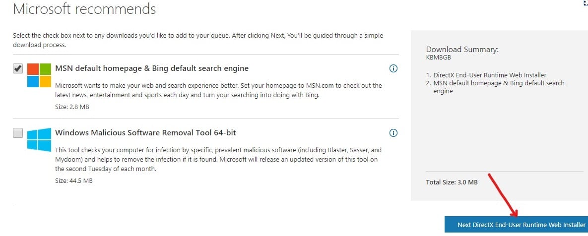 Click on the Next DirectX End-User Runtime Web Installer button