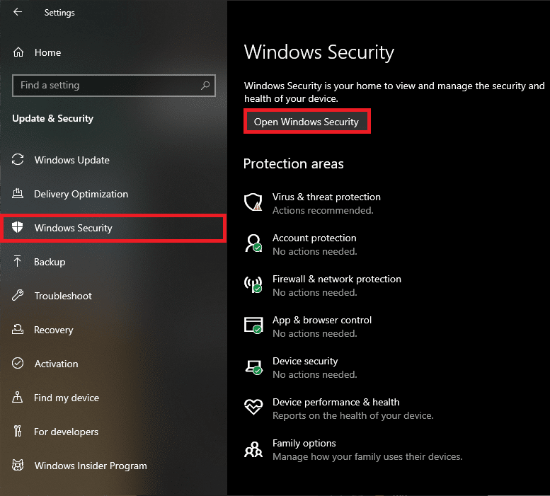 Click on the Open Windows Security button