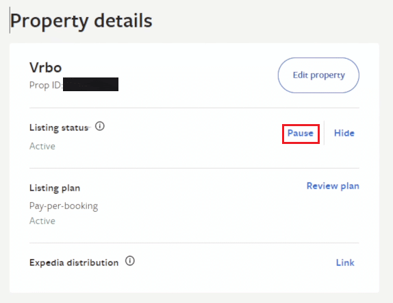 Click on the Pause option next to the Listing status section | VRBO customer service