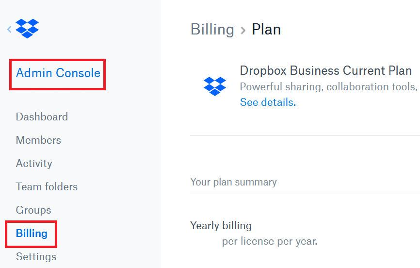 Click on the Admin Console - Billing from the left pane menu list