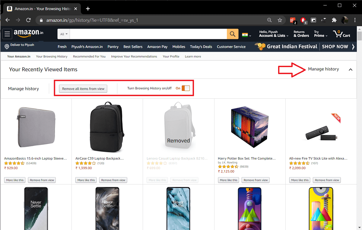 Click on the Remove all items from view button again | Clear Amazon Browsing History