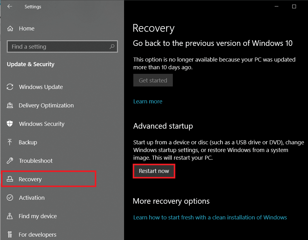 Click on the Restart now button under the Advanced startup section | Fix Corrupted Registry in Windows 10
