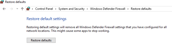 Click on the Restore Defaults button | Fix Windows Firewall problems in Windows 10