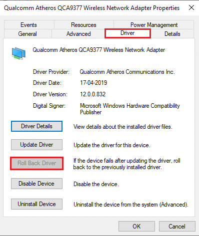 Click on the Rollback driver | Fix Windows could not automatically detect this Network’s Proxy settings