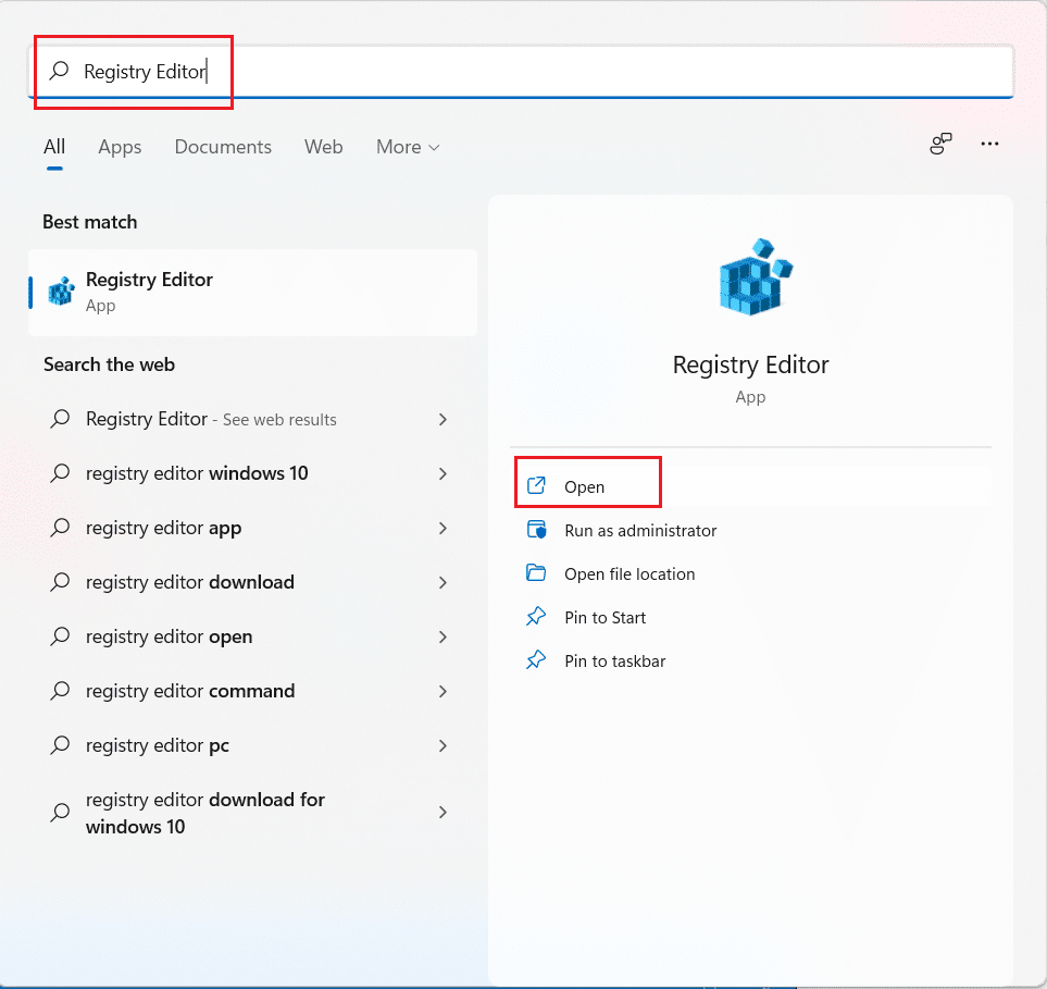 Нажмите значок «Поиск», введите «Редактор реестра» и нажмите «Открыть». Как отключить онлайн-поиск из меню «Пуск» в Windows 11