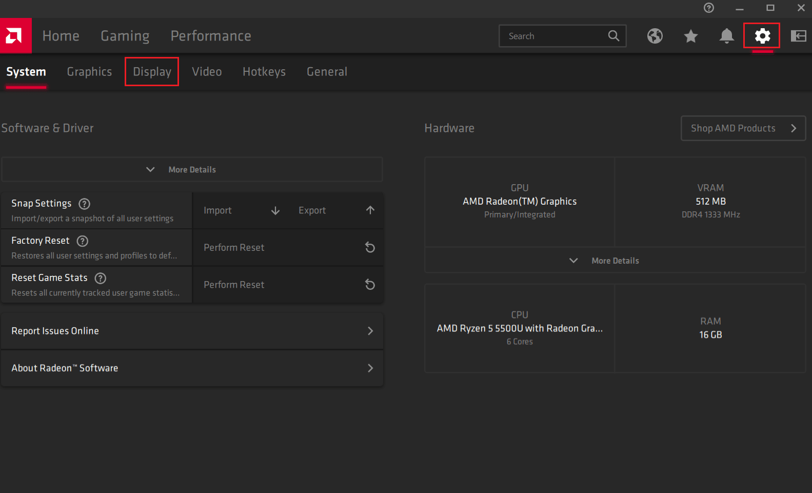 Click on the Settings gear icon - Display tab