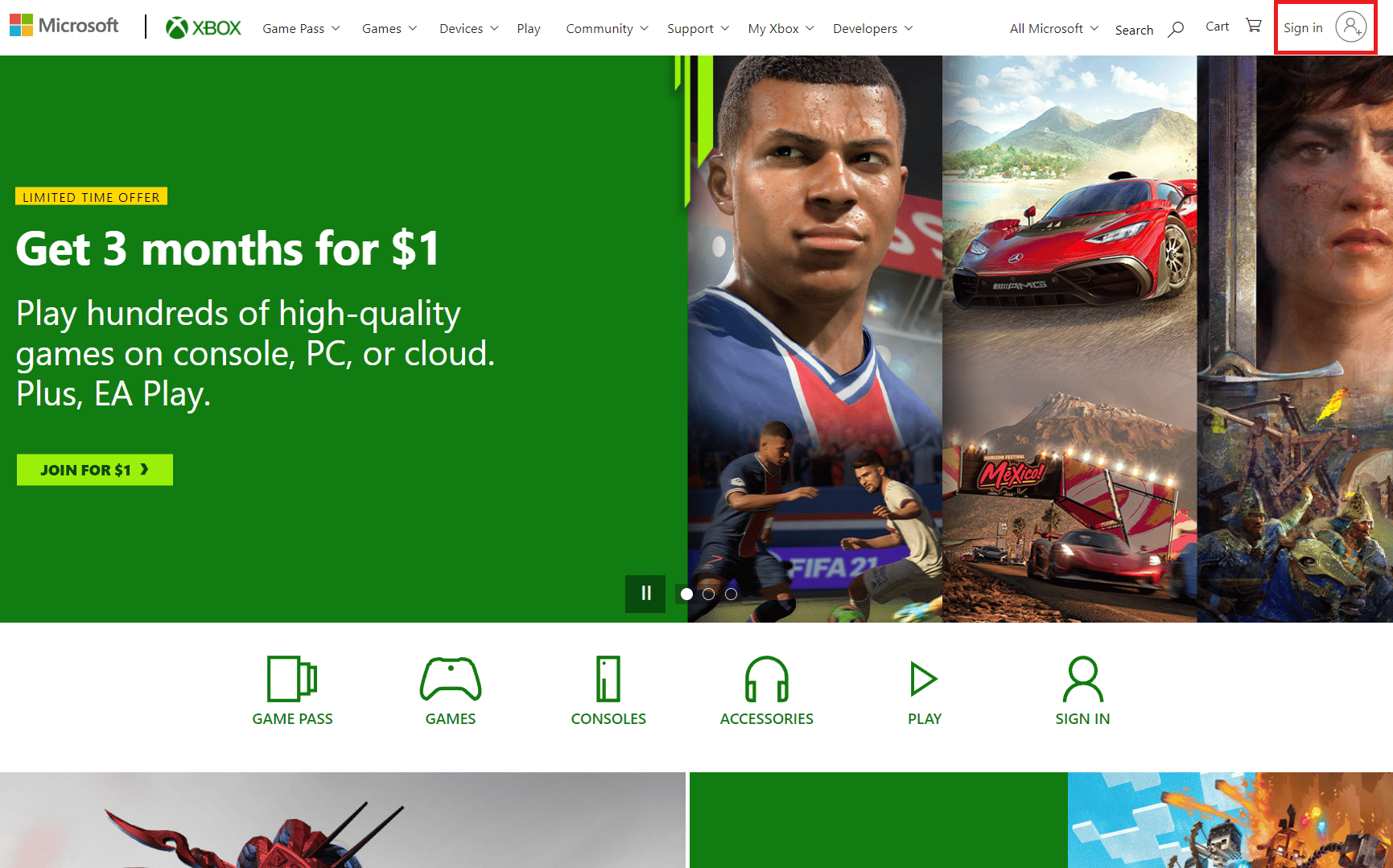 Кликнете на опцијата Пријавете се од горниот десен агол на екранот | Како да ја сменам мојата сметка на Xbox One од дете во родител