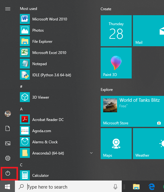 Click on the Start Menu & then click on the Power button