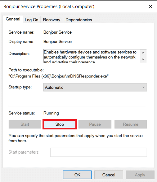 Click on the Stop button under the Service status label | What is Bonjour Service on Windows 10?