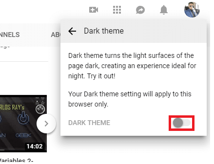 Click on the Toggle button to turn the Dark theme on