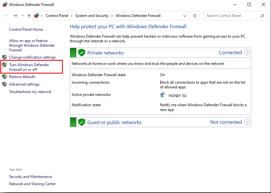 Click on the Turn Windows Defender Firewall on or off option