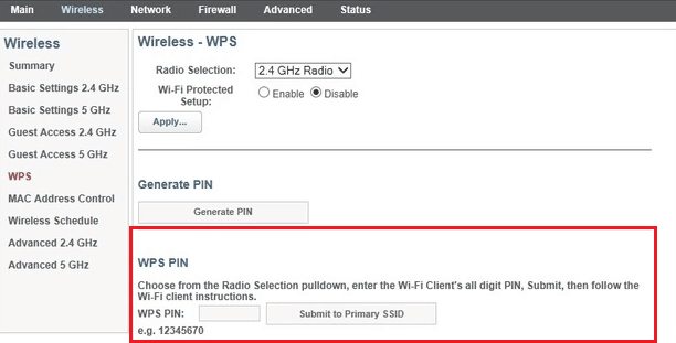 Click on the WPS option from the left pane and you will  WPS PIN in one of the sections