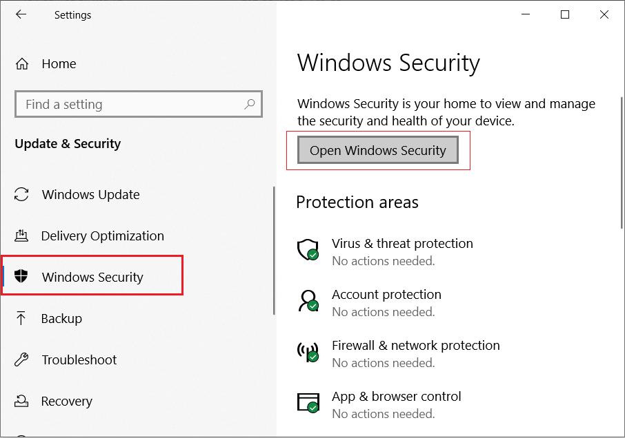 Click on the Windows Security then click on Open Windows Security button