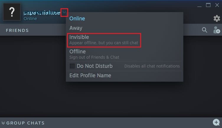 Click on the arrow next to your profile name and select invisible or offline | How to Hide Steam Activity from Friends