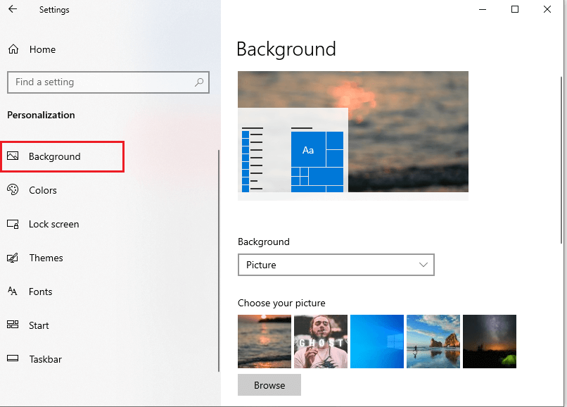 Click on the background in the left side panel. | Fix black desktop background in Windows 10