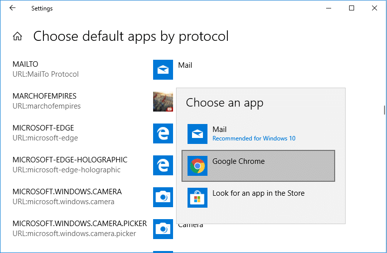 Click on the current default app then in the right of the protocol choose the app
