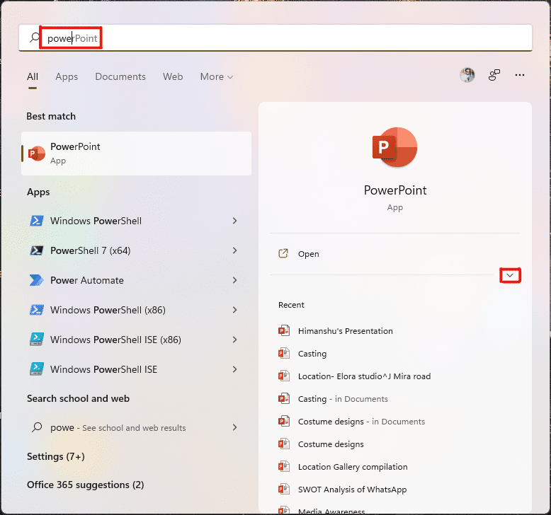 Click on the down arrow icon in the PowerPoint app option in search menu. How to Create Desktop Shortcuts on Windows 11